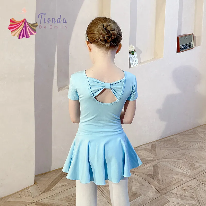 

Girls Ballet Leotard Criss-Cross Bow Back Skirted Dress for Dance Gymnastics Ballerina Outfit Short Sleeve Cotton Tutu Costume