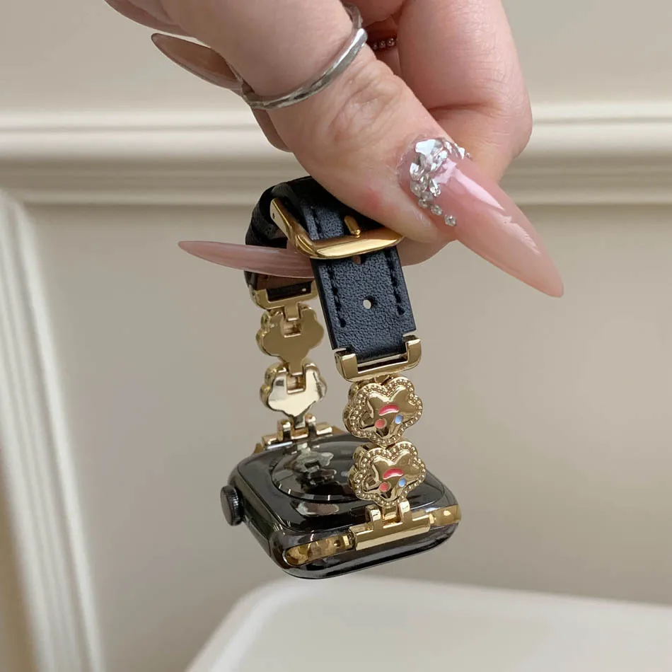 سوار ساعة Smiley Star لساعة Apple Iwatch Series 11 10 9 8 7 6 5 4 3 2 SE Ultra Leather Watch Band 38 مم 40 مم 41 مم 42 مم 44 مم 45 مم 46 مم 49 مم سوار أنيق للنساء