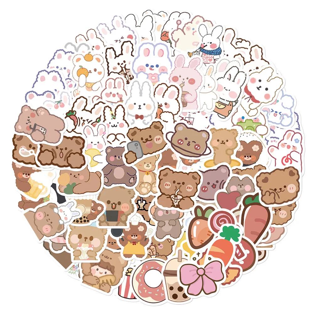 90pcs Cartoon Ins Style Bear and Rabbit Series Graffiti Stickers Suitable for Helmet Desktop Wall Decoration DIY Sticker Pack