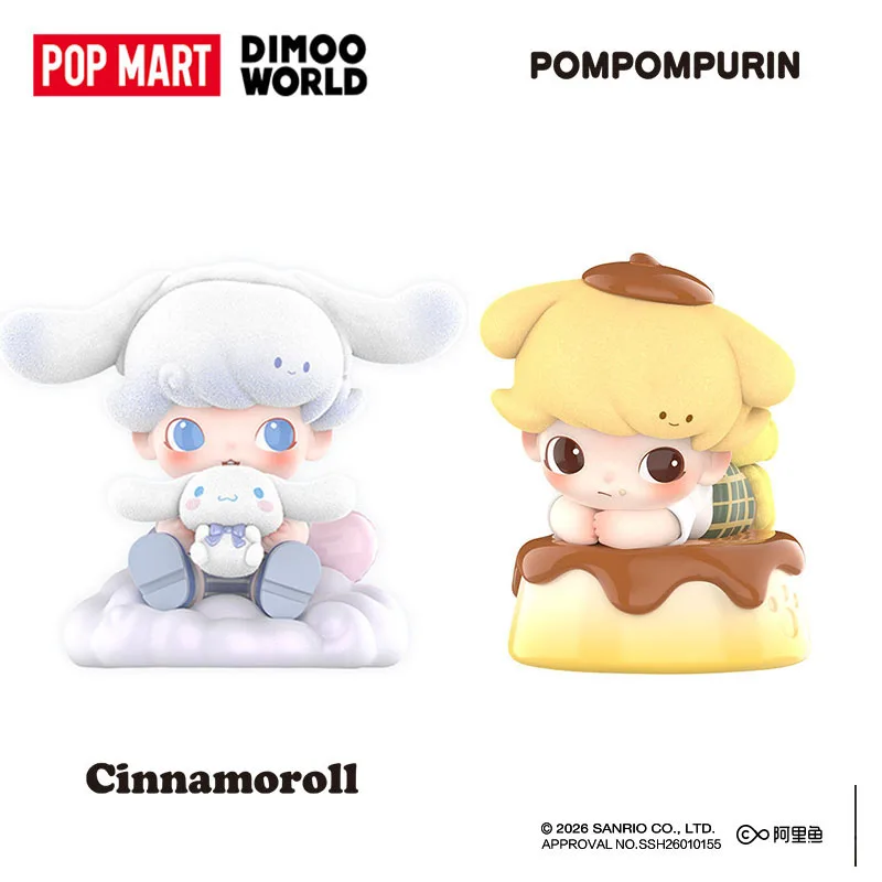 POPMART Dimoo World X Sanrio Cinnamoroll Pompompurin Flauschige Sammelfigur Kawaii Desktop-Ornament Puppe Kindergeburtstagsgeschenk