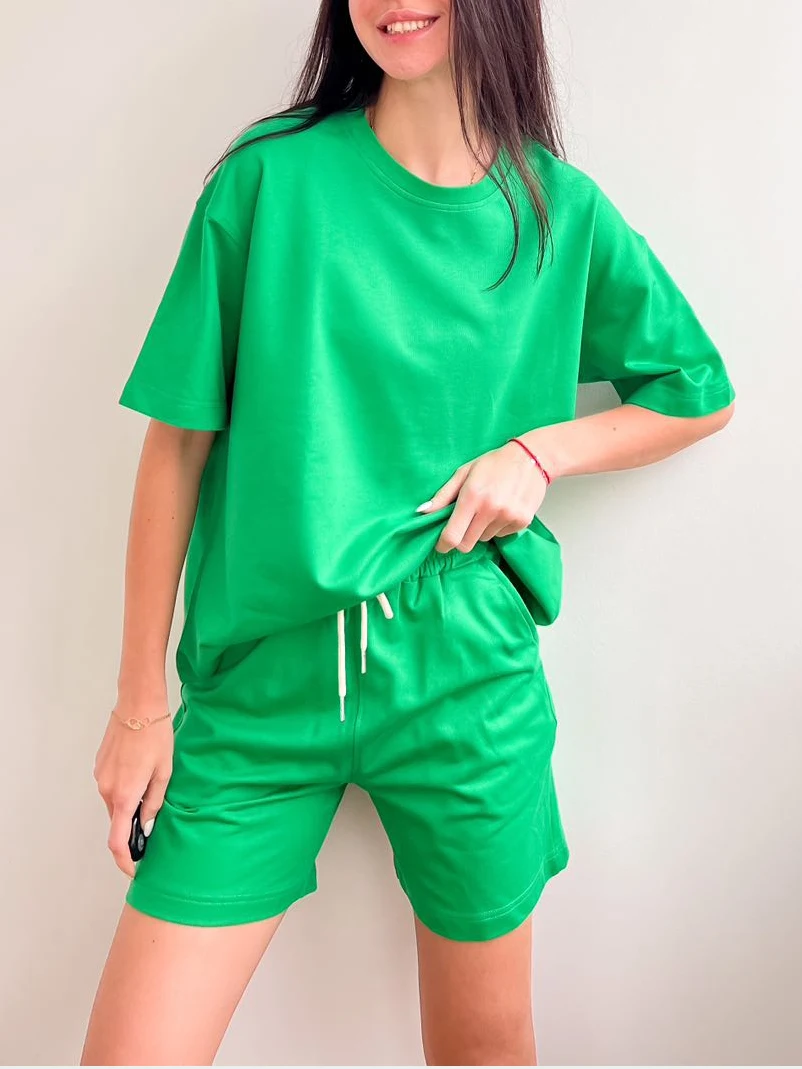 Snoep Kleur Vrouwen Zomer Trainingspak Groen Katoen Tweedelige Set Oversize T-shirt En Shorts Voor Vrouwen Zachte Losse pak Outfits