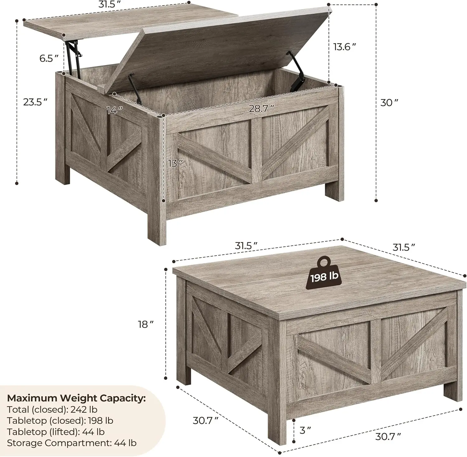 31.5 Inch Farmhouse Lift‑Top Coffee Table with Hidden Storage Compartment, Modern Living Room Accent Furniture, Gray