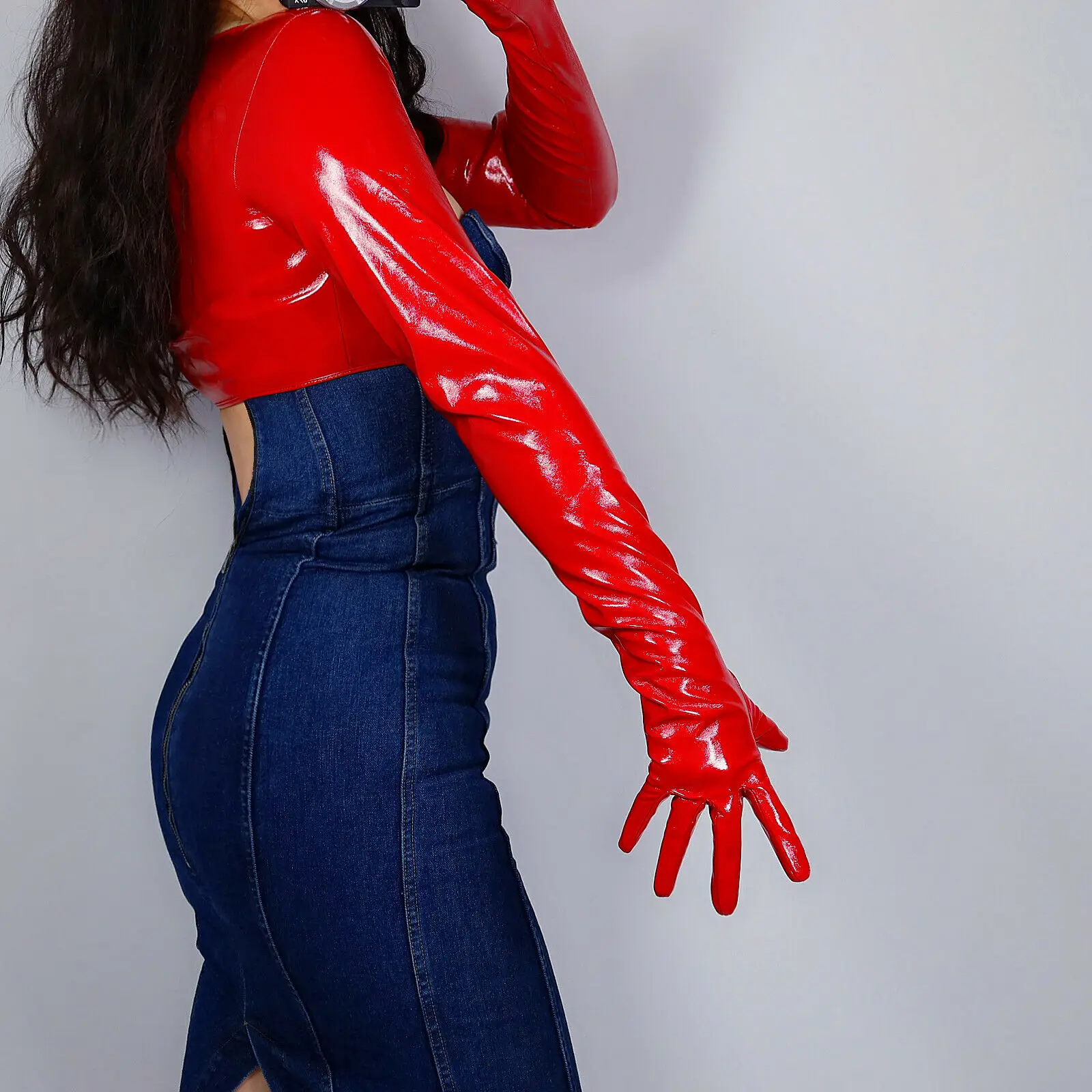 DooWay Gloved Top Women\'s Bolero Gloves Latex Red Faux Leather Jacket Crop Shrug Jumper Halloween Costume Dressing Evening Glove