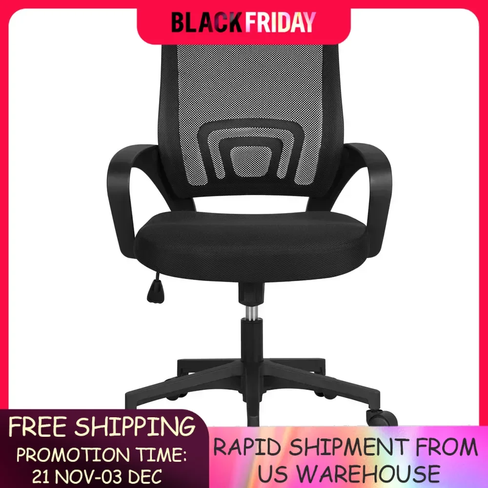 Black Office Chair Adjustable Mid Back Mesh Swivel Office Chair With Armrests Computer Armchair Furniture Chairs Gaming Cushion