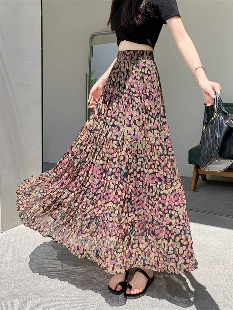 Spring Summer New Korean Retro Contrasting Floral Skirt French Pleated Versatile Vacation Beach Big Swing Long Skirt A273