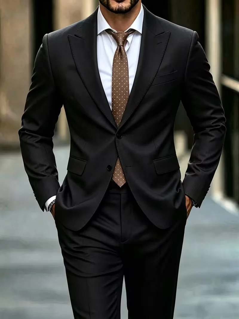 Classic Solid Black Two Pieces Men Suit Handsome All-Match Office Work Groom Banquet Matching Suit Set