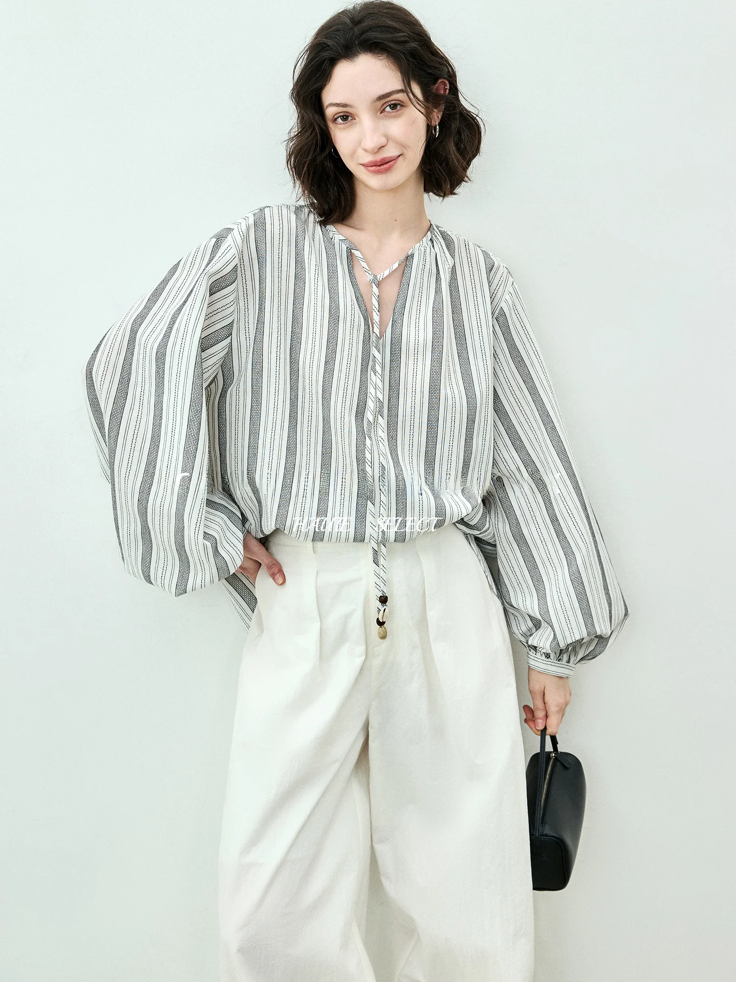 

SUK Romantic Striped V-ne n Belted Loose Women's irt Korean Sle Spring New Breathable Long Sve Top