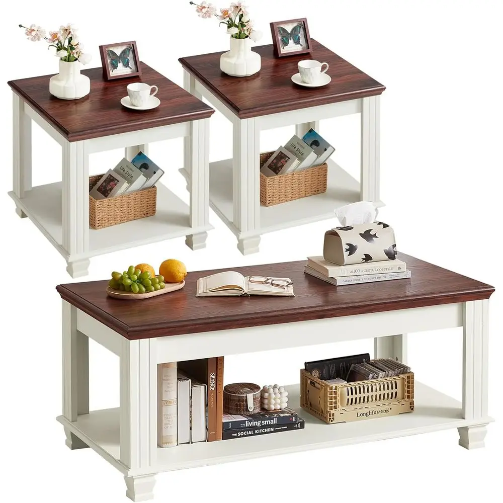 Rustic 3-Piece Coffee and End Table Set with Open Shelf, White Wooden Farmhouse Style for Living Room