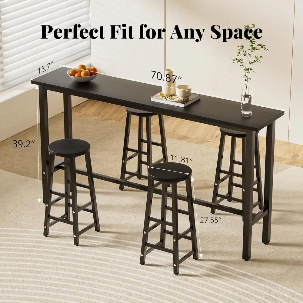 Counter-Height Pub Table Set for 4, Kitchen Dining, Small Spaces, Metal Frame, Black Console Table with Stools