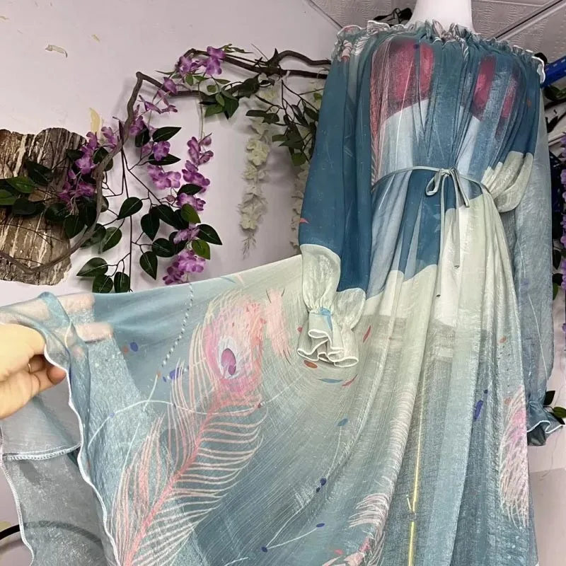  Plus Size Robe Men Women Sexy Glossy Silk See Through Long Dress Printed Ruffled Collar Long Sleeve Soft Silky touch Maxi Dress