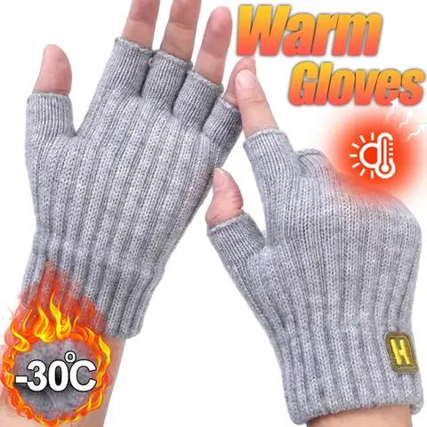 남성용 겨울 손가락없는 장갑, 사무실 니트 알파카 울 따뜻한 가죽 라벨, 두꺼운 탄성 운전 장갑, 반 손가락 쓰기