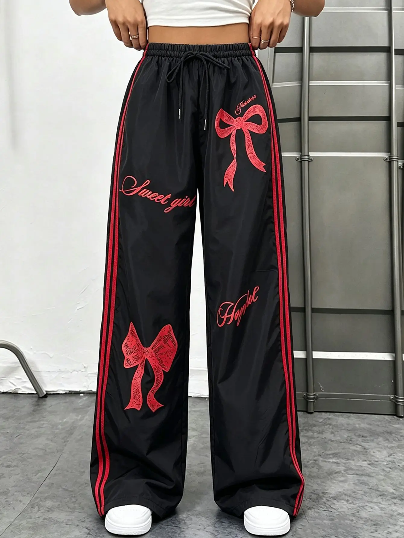 Straight Leg Long Pant Casual Pant With Lace Bow For Girls Spring Fashion Lace Tousers Loose  Wide Leg Sweatpants Streetwear New