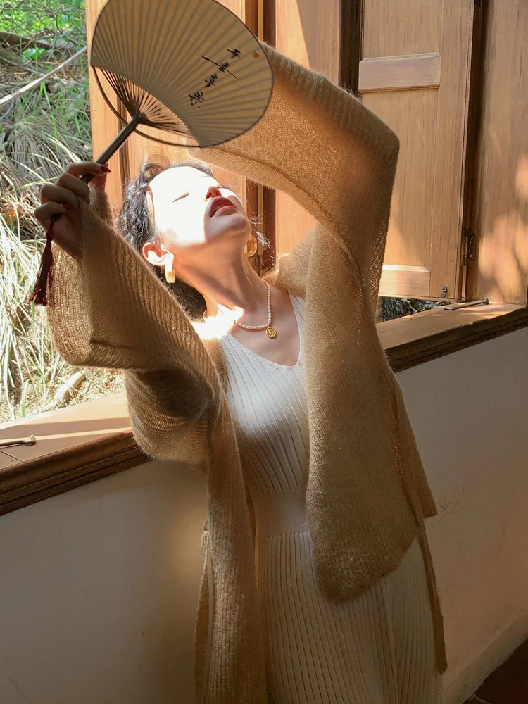 

Yuan ng осенний женский вязаный кардиган Lazy Sle Long Sve, тонкий, средней длины, универсальная верхняя одежда с запахом, пальто