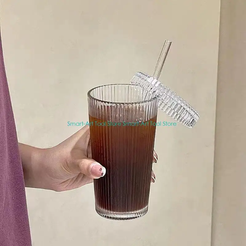 E1PB Milk Cup Coffee Mugs Glass Material Striped Glass Cup with Straw Drinking Cup
