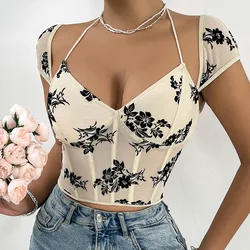 Print Fishbone Cropped Top Women's Corset Tank Tops Summer Sexy Short Sleeve Bustier Female Slim Shaper Streetwear Camis T-shirt