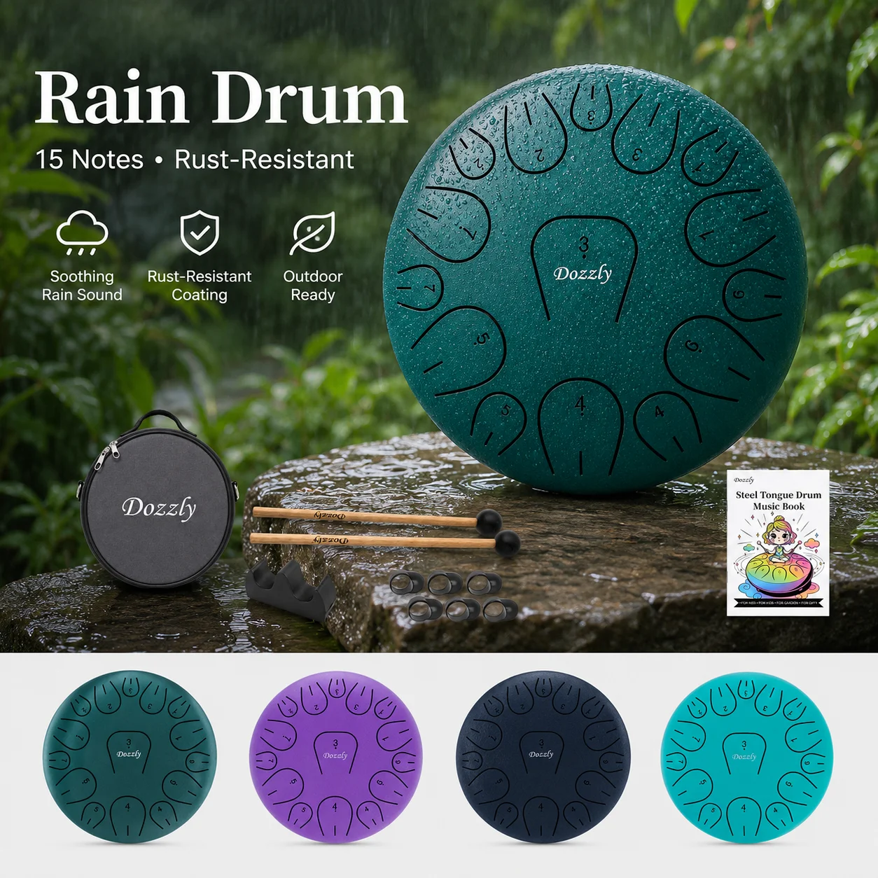 Rain Drum For Outside Garden Steel Tongue Drum 8 Inch 15 Notes Hand Pan Drum Percussion Musical Instruments for Yoga Camping