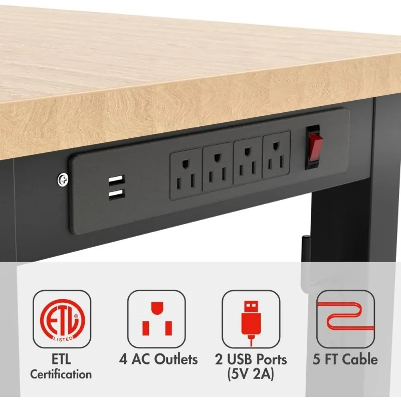 محطة عمل متينة من الخشب المطاطي، طاولة عمل من الخشب الصلب بسعة تحميل 2000 رطل مع منافذ طاقة #2