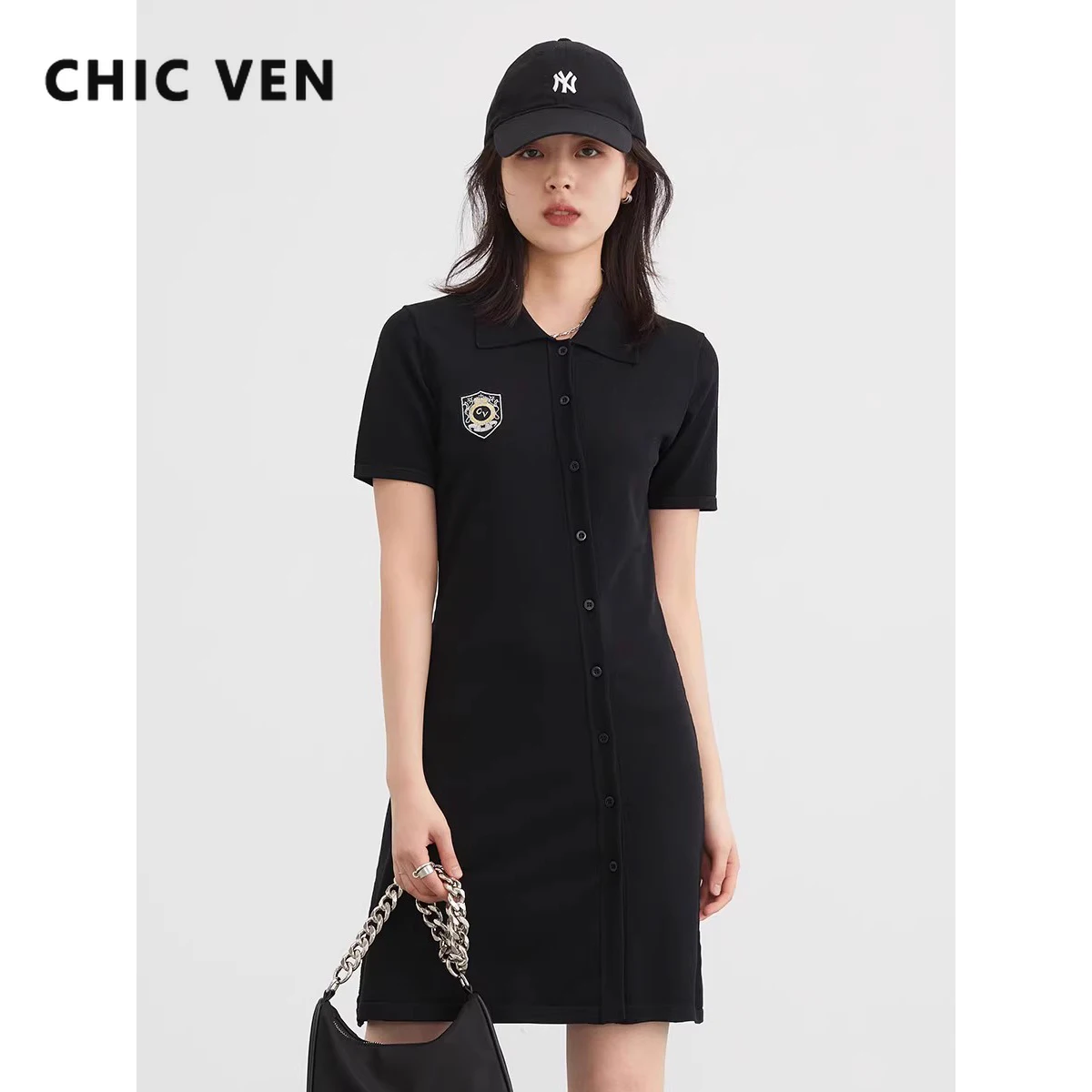 CHIC VEN Women's Dresses Diagonal Placket College Dress A Line High Waist Knitted Short Sleeve Mini Black Dress Summer 2023