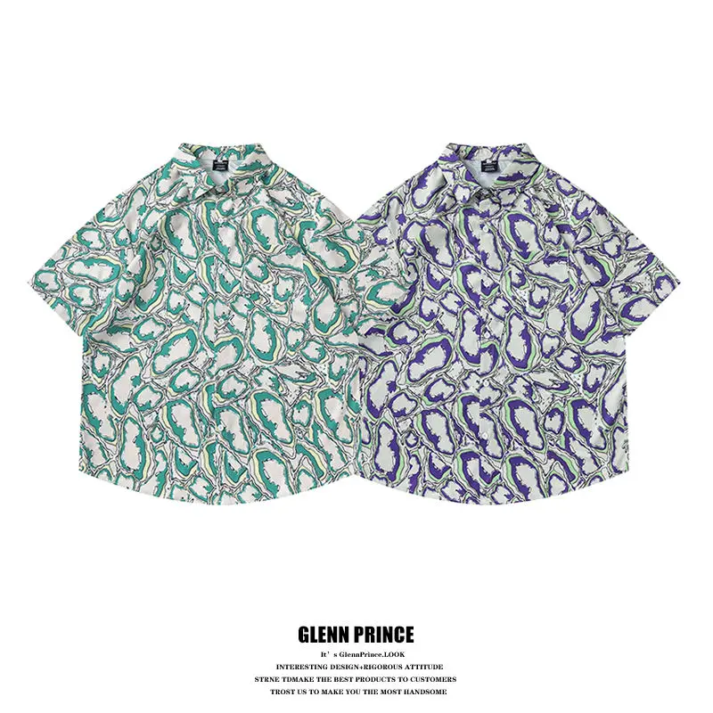 BEIANJI men clothing Japanese trendy brand irregular smudge short-sleeved shirt mens summer design seaside vacation flower shirt