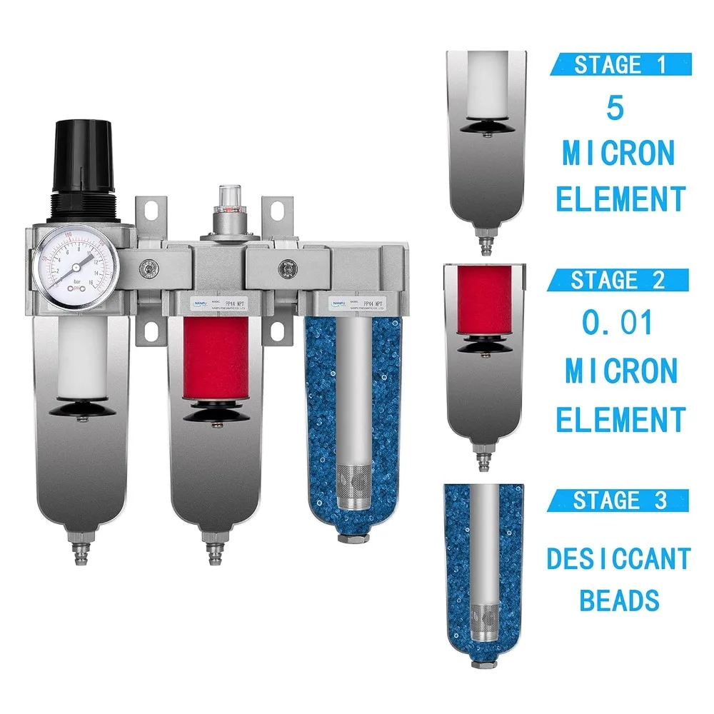 نظام تجفيف الهواء 1/2 NPT من الدرجة الصناعية 3 - فلتر جسيمات، فلتر Coalescing، مجفف مجفف ومنظم الهواء
