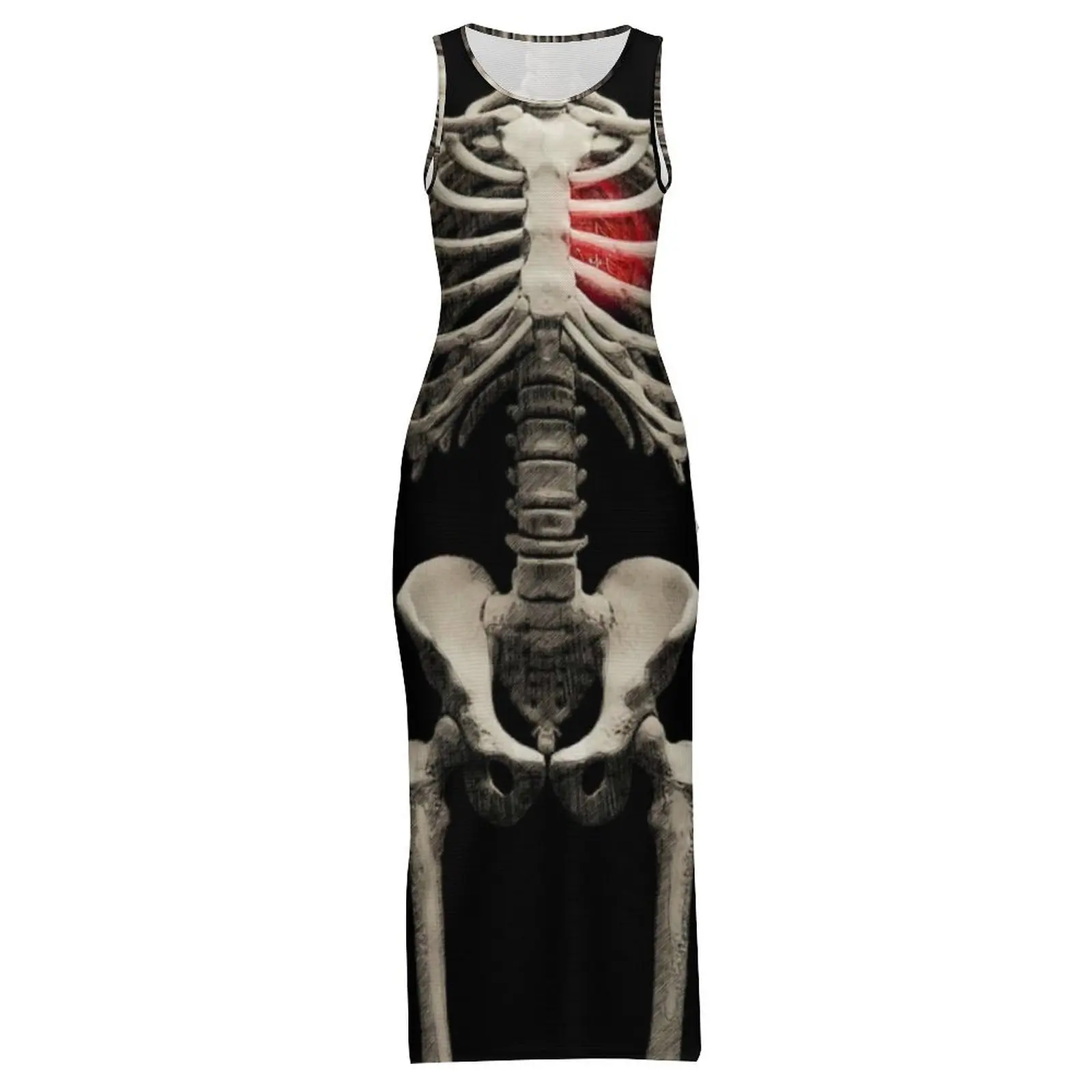 Abito Halloween Bones senza maniche Skeleton Art Heart Abiti maxi vintage Abito estivo aderente dal design stile street di grandi dimensioni