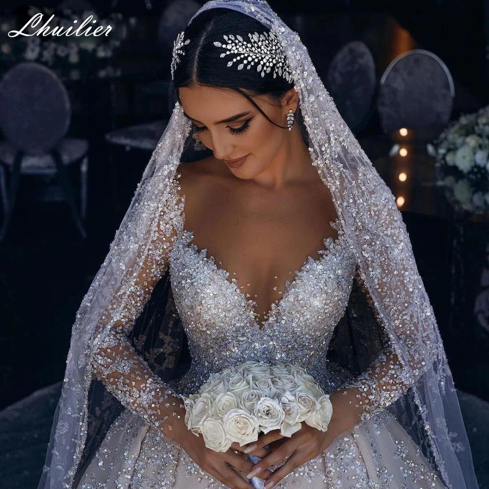 Lhuilier Customized A Line Beaded Lace Wedding Dresses Full Sleeves Backless Bridal Gowns with Cathedral Train