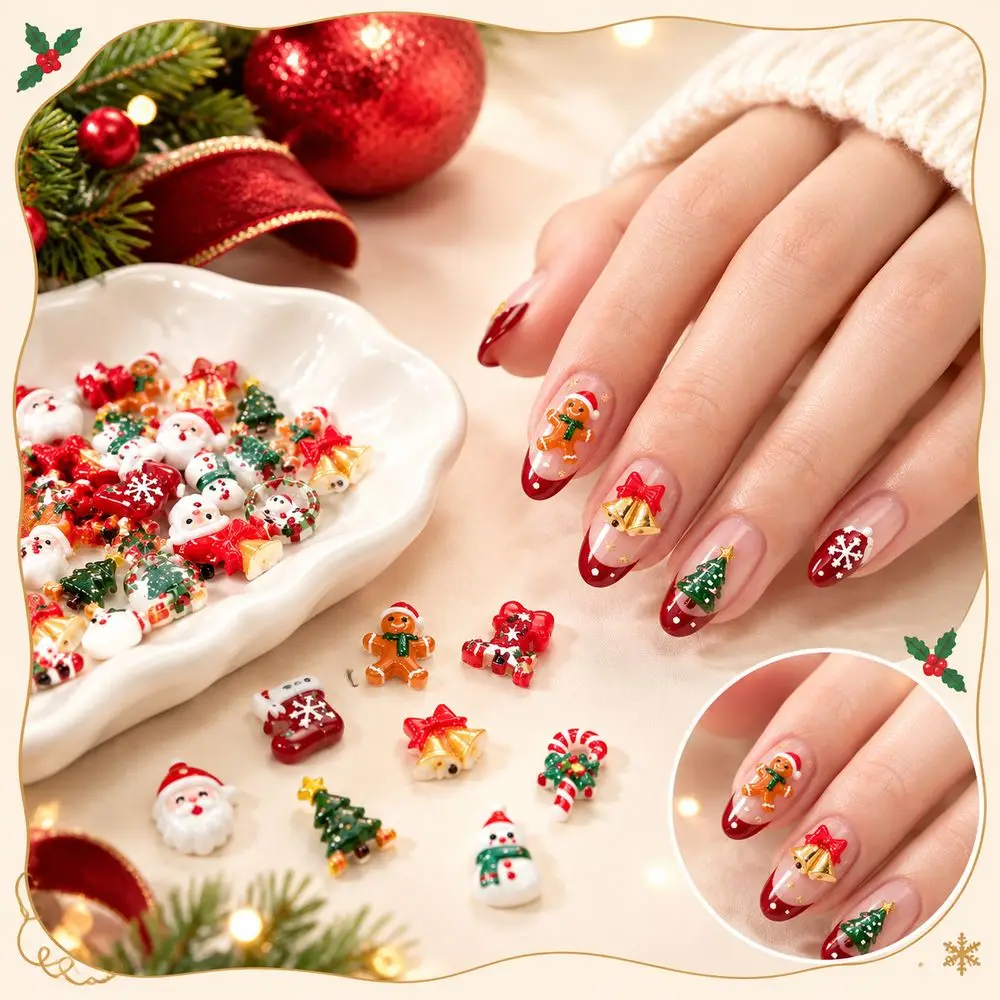 50Pcs Cute Christmas Nail Jewelry Gingerbread Stocking Mitten Reindeer Snow Globe Bow Star 3D Resin Nail Decorations Salon Decor