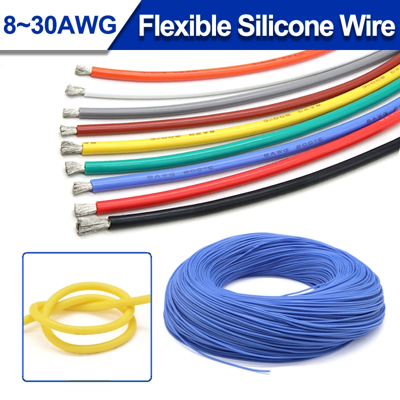 

30/28/26/24/22/20/18/16/14/12/10/8AWG Heat-resistant Cable Silicone Rubber Tinned Copper Wire Car Battery Power Cables 1/10meter