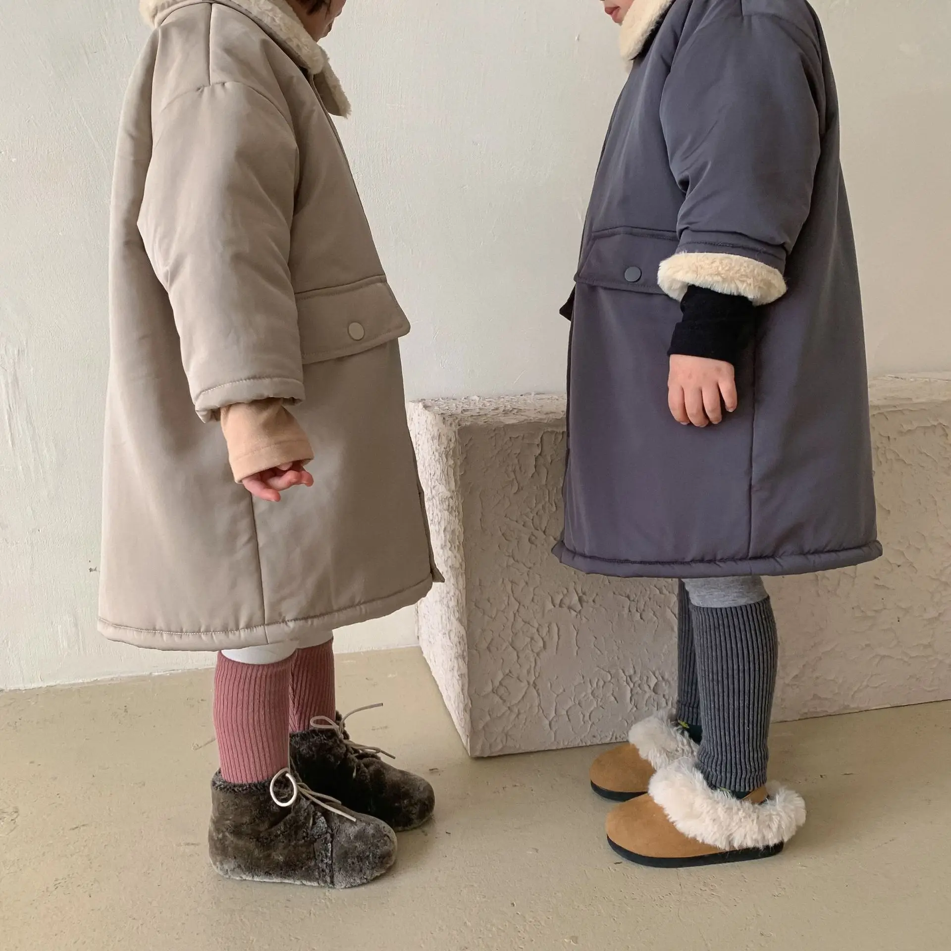 Korean Style New Winter Children Cotton Padded Coats Solid Color Thicken Warm Parkas Imitation Rabbit Hair Kids Long Outerwear