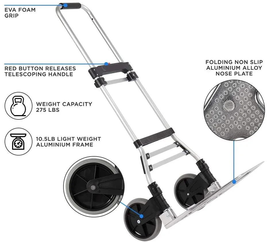 60Kg Capacity Heavy Duty 2 Wheels Aluminum Hand Shopping Dolly Portable Folding Hand Trolley Truck Cart