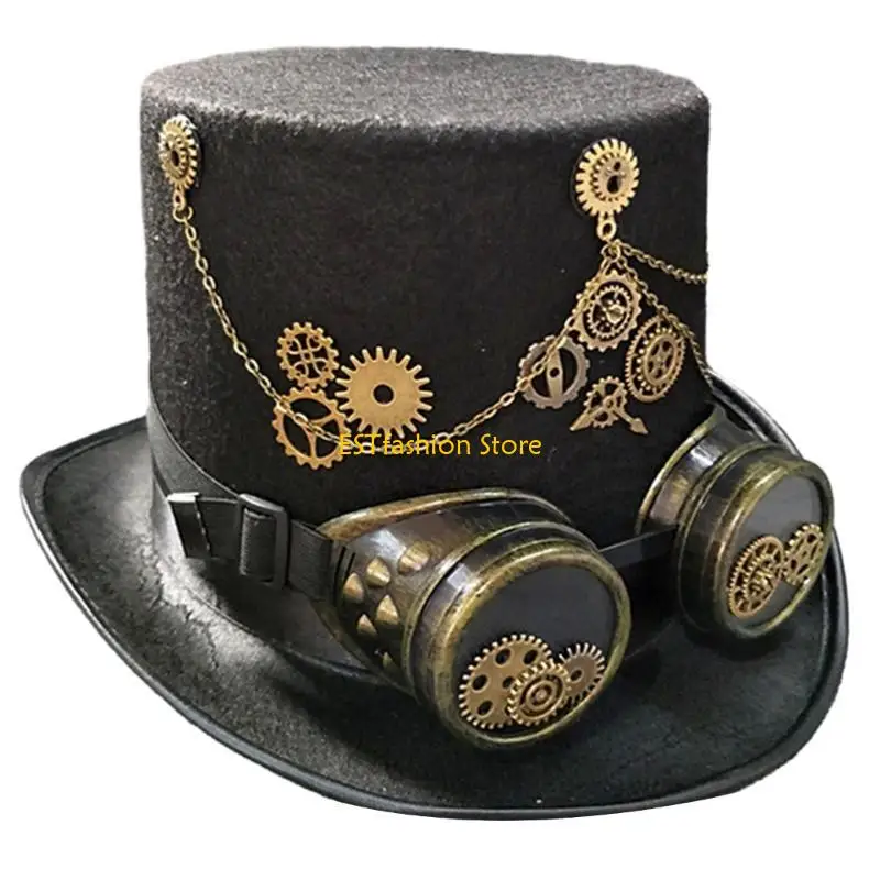 Y5GC Victorian Magician Flat Top Hat with Goggles Gorgeous Halloween Cosplay Hat