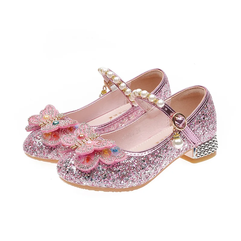 Children High Heels Kids Princess Dance Crystal Girls Leather Shoes Colored Diamond Butterfly Fashion Student Performance Shoes