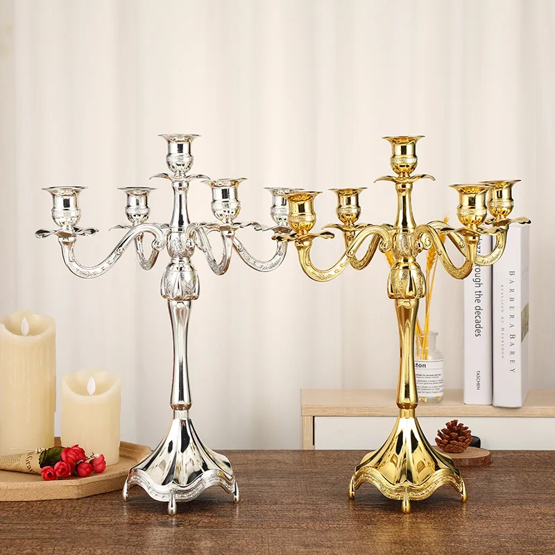 

IMUWEN Candle Holder 5-Arms Golden Plated Romantic Candlebra Luxury Metal Candlesticks For Wedding Events Or Party Decor