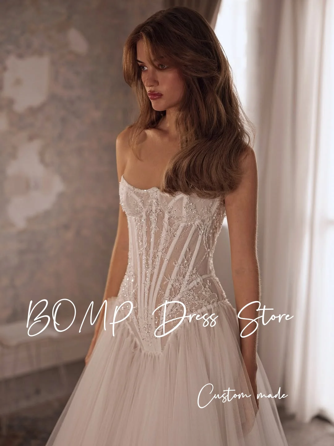 BOMP Vintage Lace Tulle A-Line Abiti da sposa Senza spalline Senza maniche Sweep Train Abiti da sposa Graceful Mariage Personalizzato 2026