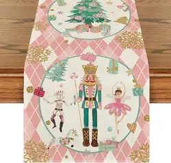 Christmas Pink Diamond Plaid Nutcracker Snowflake Linen Table Runner Party Decor Winter Xmas Tree Table Runner Navidad Decor2025