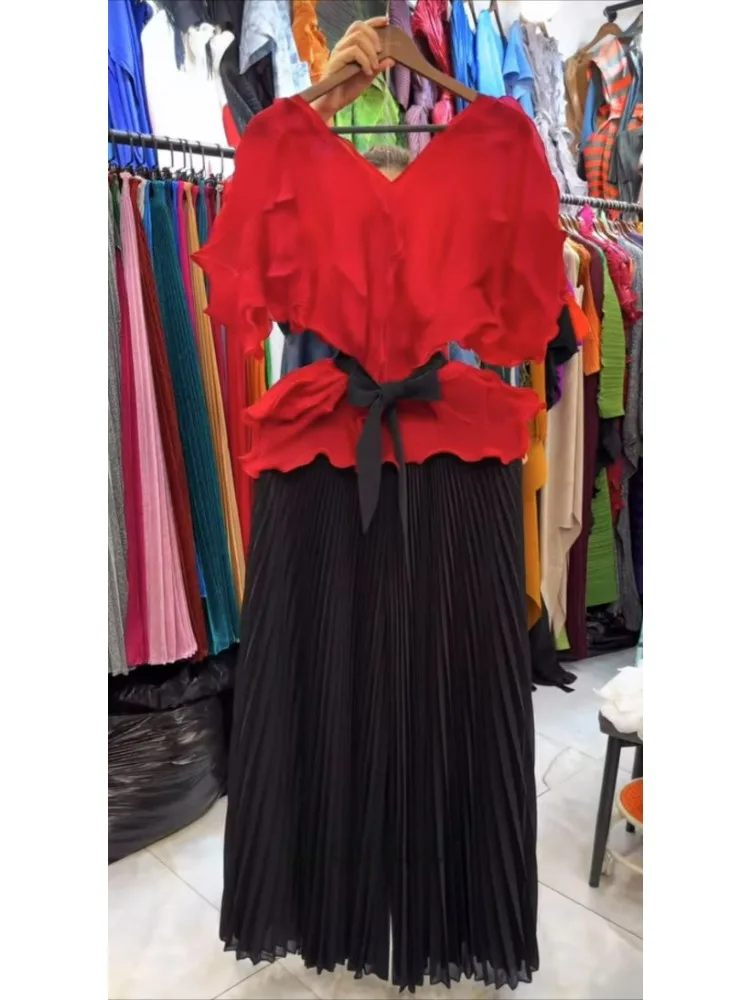 African Fashion Pleated 2 Pieces Set Fungus V Neck Short Sleeve T Shirt + A Line Loose Skirt Loose New 2025 Female Clothing