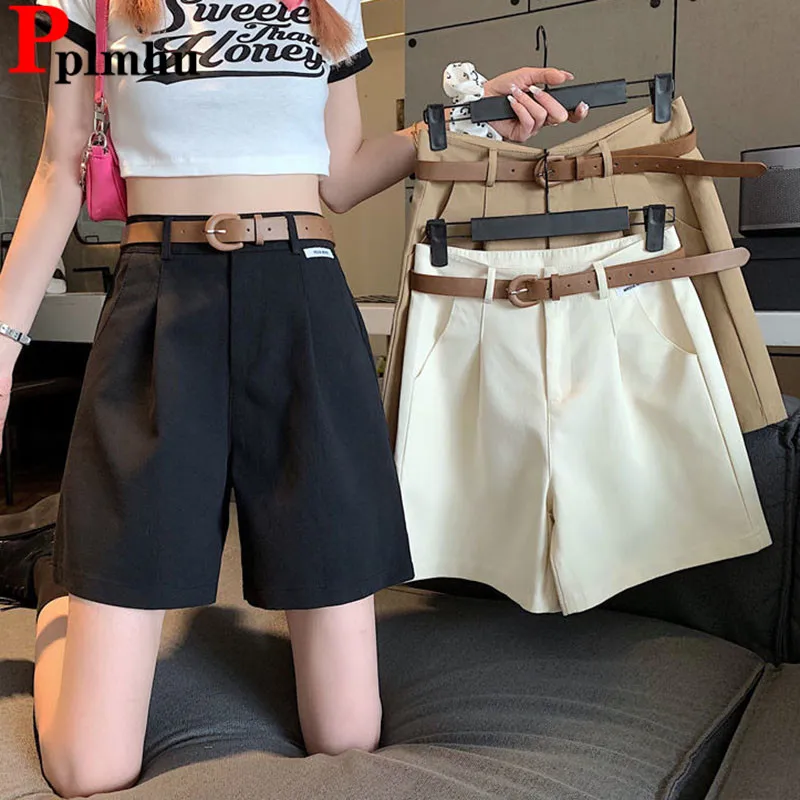 

Summer Baggy Straight Short Pants Women Casual High Waist Suit Shorts With Belt Korean Solid Loose Wide Leg Pantalones Cortos