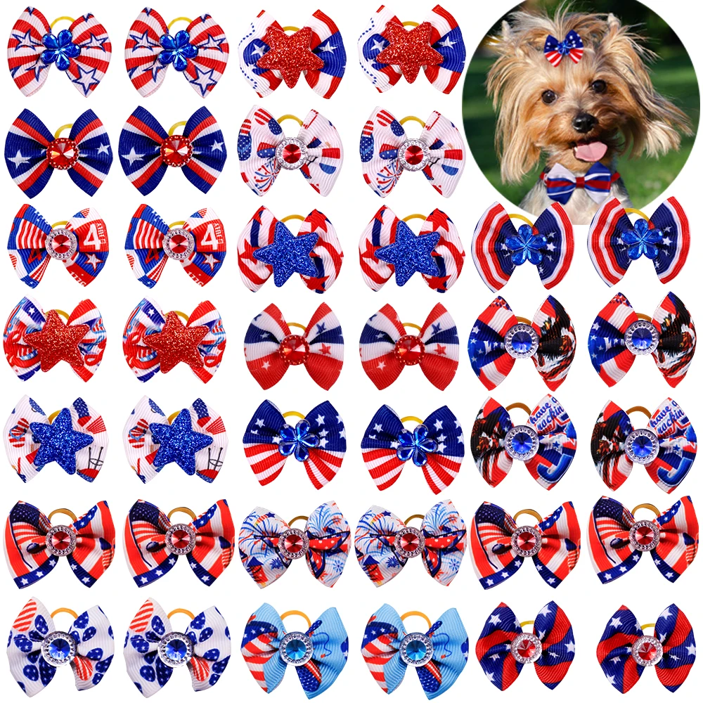 50pcs Dog Bows Independence Day Dog Accessories Pet Supplies Hand-made Rubber Bands Pet Hair Bows Diamond  Pet products