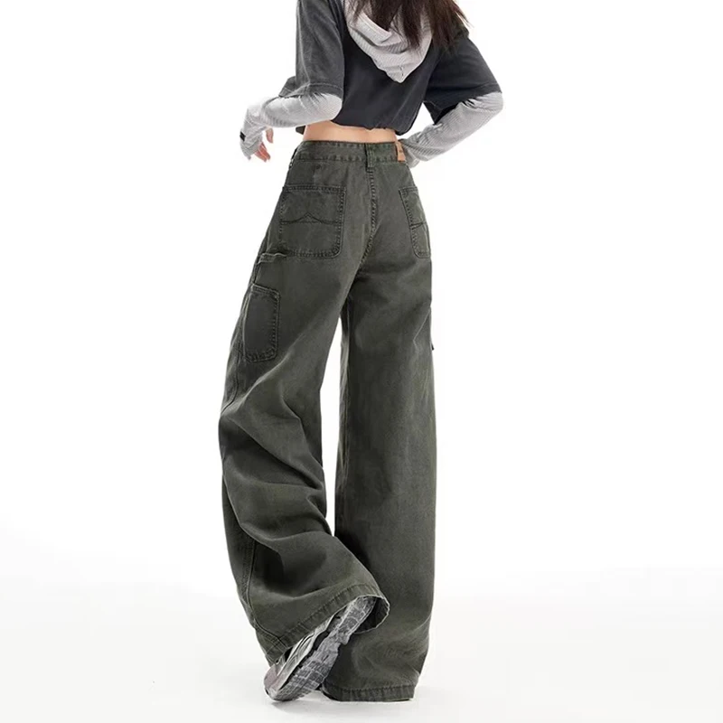 Jean Cargo vert armée à jambes larges pour femmes, taille haute, Streetwear, pantalon droit ample, mode coréenne, pantalon Denim décontracté, automne