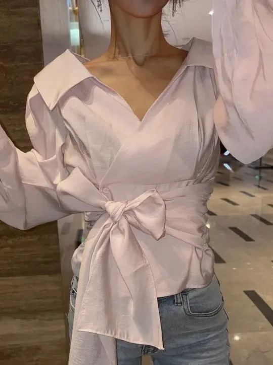 

Ele Long Sve irt Women's Chic Knot Waist Design Sensation Spring New Sle Faionable Top Quali Material