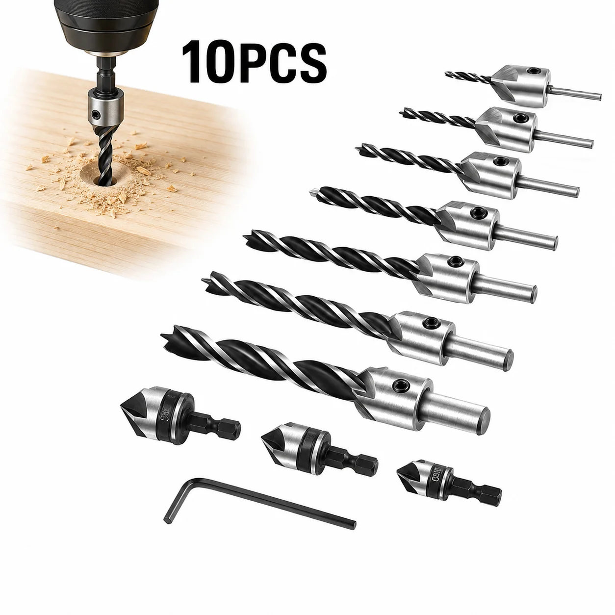 10PCS Drill Bit & Countersink Set, HSS Twist Bits with Stop Collar, Hex Shank for Wood Metal Plastic Flush Screw
