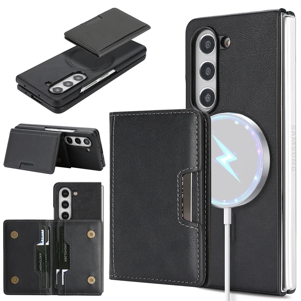 

Premium Pure Color Shockproof Leather Case For Samsung Galaxy Z Fold 7 6 5 4 3 Magnetic Cards Wallet Stand Wireless Charge Cover