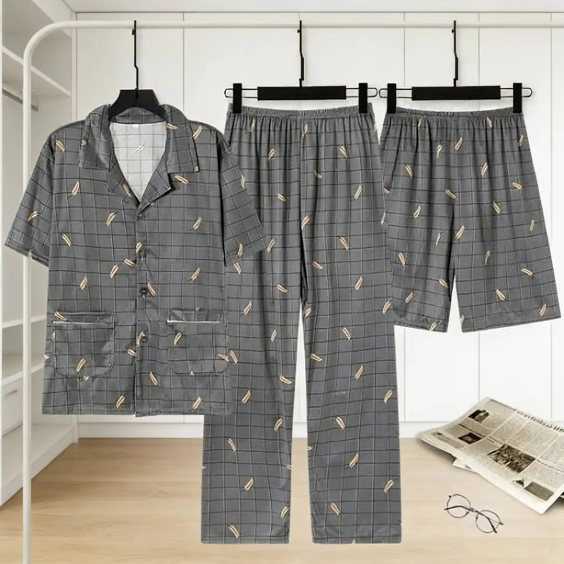 

Мужской комплект пижамы из 3 предметов: тонкий, дышащий, с коротким рукавом, для весны и лета, мягкая домашняя одежда для сна