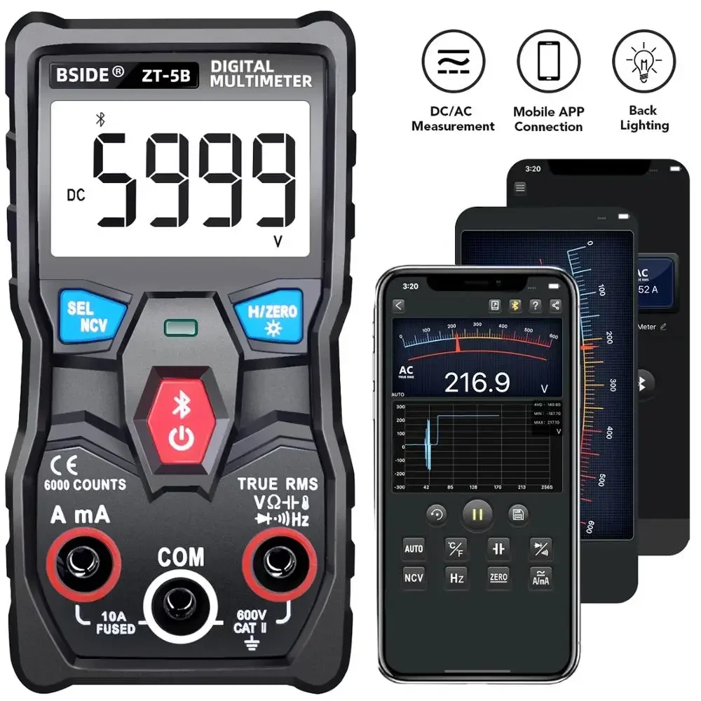 BSIDE ZT-5B Wireless Digital Multimeter Auto-Ranging True RMS 6000 Counts Voltmeter Volt Amp Ohm Hz NCV Diode Capacitance Temp