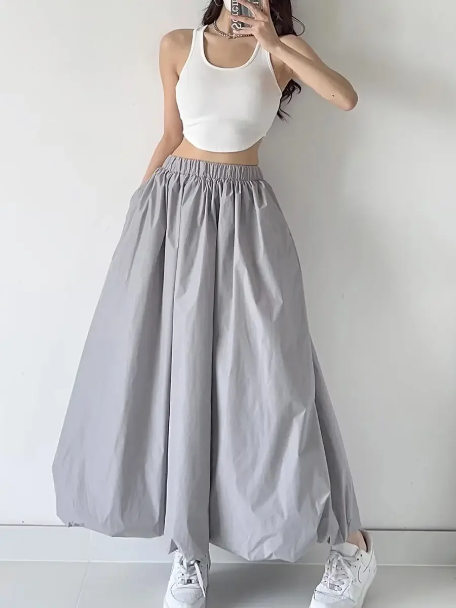 Wedbleser American Lazy Sports Style Loose Flower Bud Half Skirt Women Summer Street Gray Elastic Waist Fluffy Long Skirts