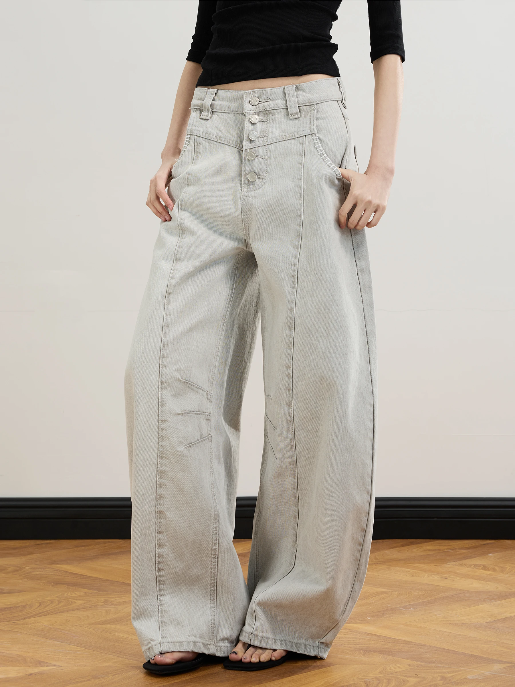 

Junecut Vintage Wide Leg Jeans Button Decorated Loose Fit Casual Pants Asymmetrical Design Versatile Style Ladies' Jeans
