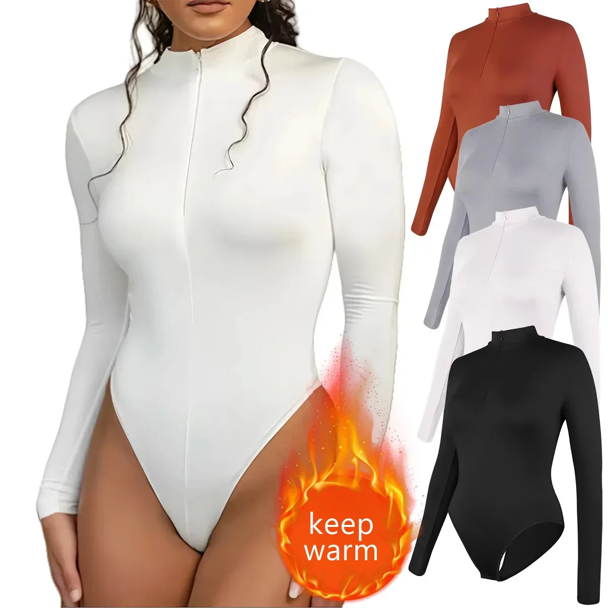 Womens Long Sleeve Compression Thermal Shirts Fleece Lined Zip High Neck Slim Fit Bodysuit Tops for Winter Cold Weather