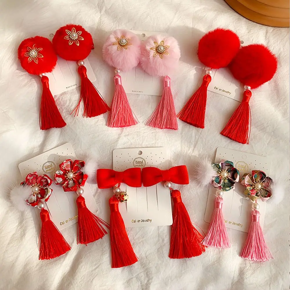 Sweet Festive Hairball Girls Bowknot Antiquity New Year Hair Accessories Plush Hair Rope Children's Headwear Duckbill Clip