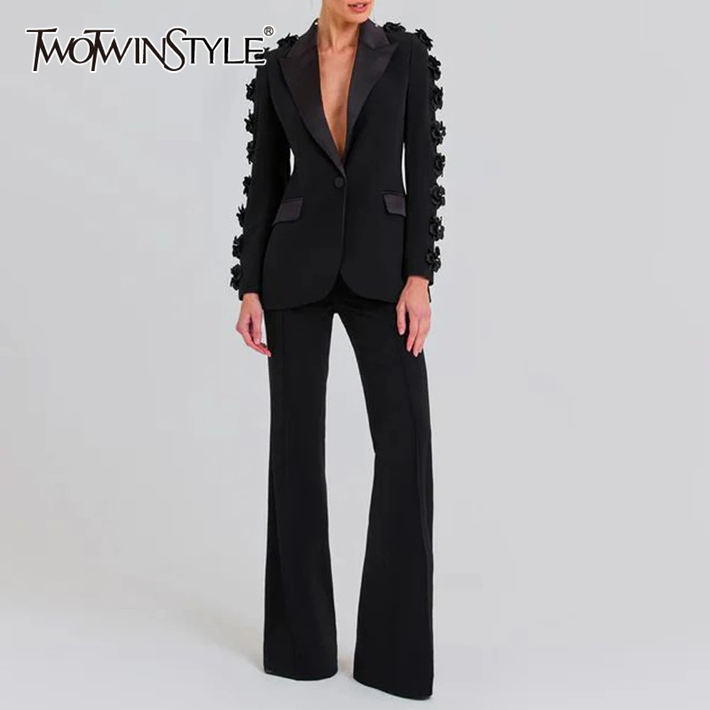 

TWOTWINSTYLE Solid Two Piece Sets For Women Lapel Long Sleeve Coat High Waist Wide Leg Pant Slimming Sets Female Fashion Style