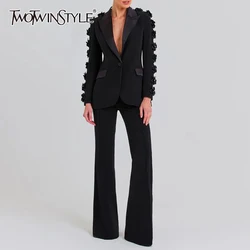 TWOTWINSTYLE Solid Two Piece Sets For Women Lapel Long Sleeve Coat High Waist Wide Leg Pant Slimming Sets Female Fashion Style